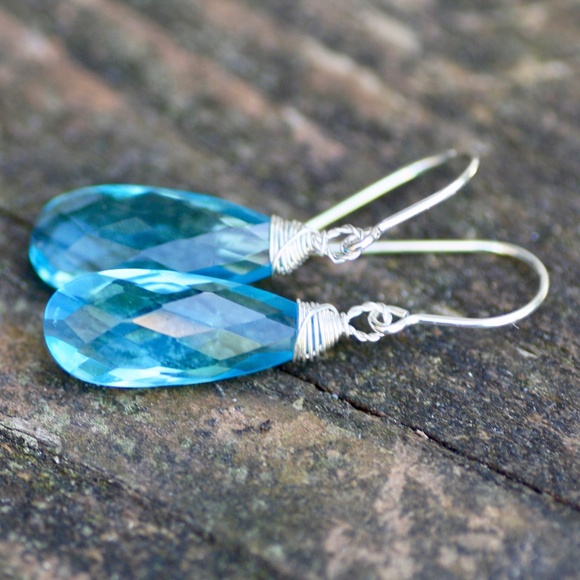 Wire Wrapped Swiss Blue Topaz Earrings Sterling Silver , December Birthstone - Picture 8 of 8